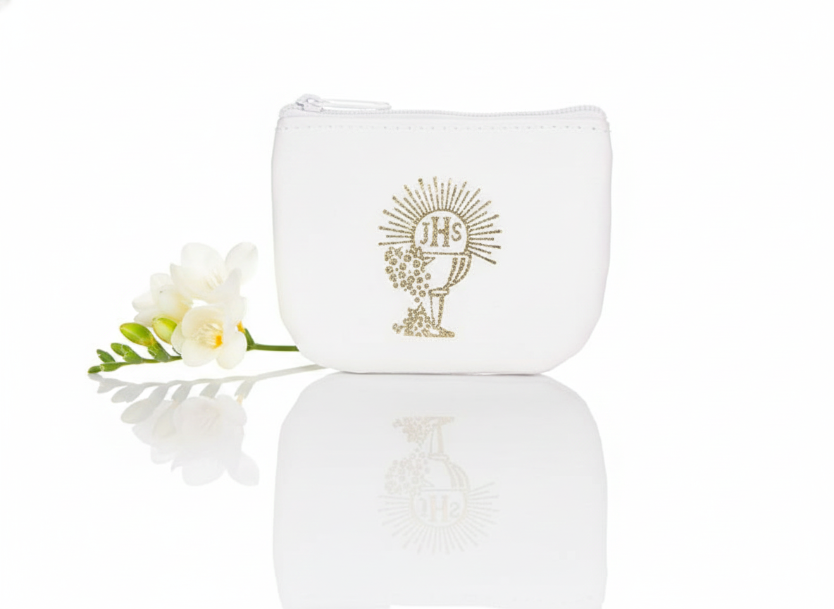 Etui na różaniec białe na zamek IHS – ekoskóra | Komunia Święta
