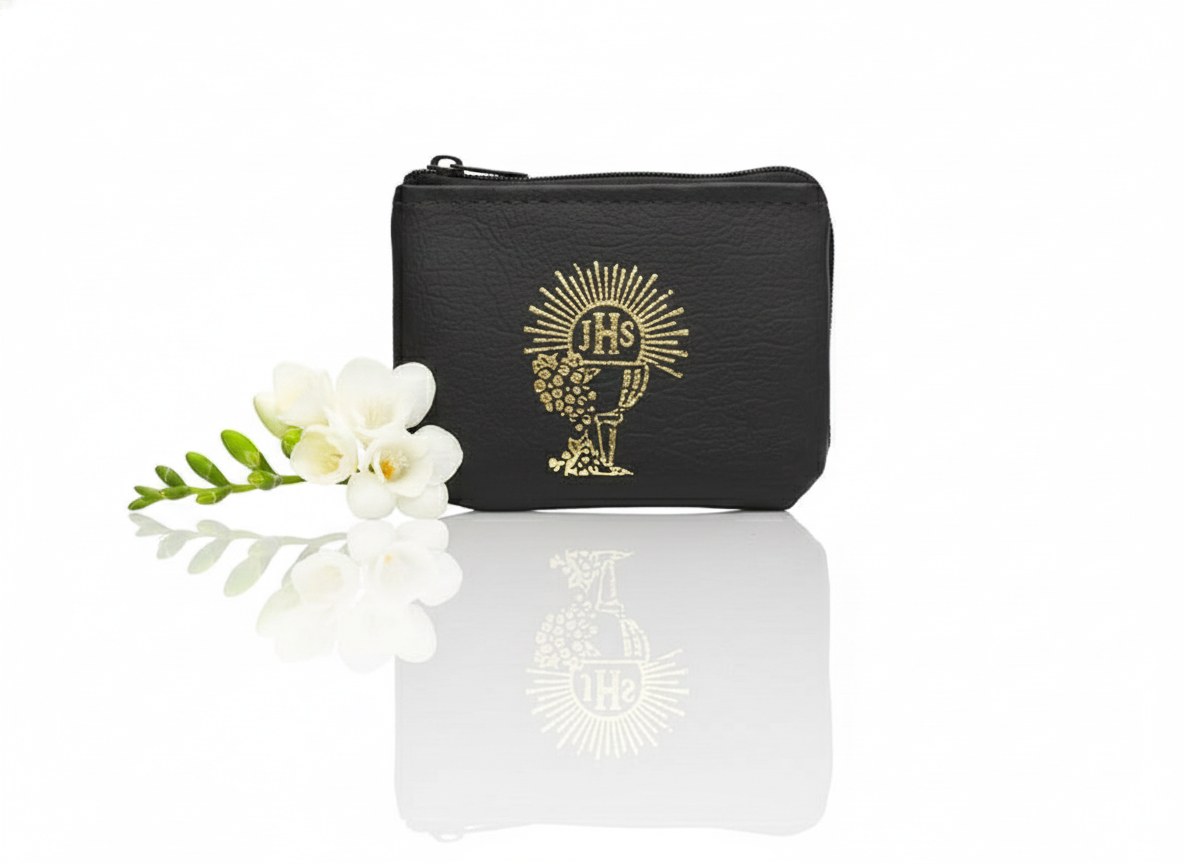 Etui na różaniec czarne na zamek IHS – ekoskóra | Komunia Święta