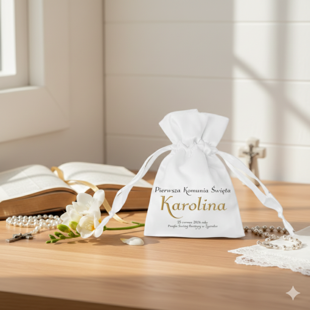 Etui na różaniec IHS – sakiewka z nadrukiem imiennym | Komunia Święta