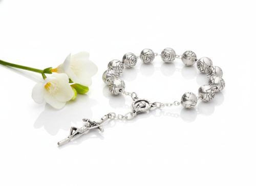 Różaniec włoski z różą papieską – dziesiątka 8 mm, 16 cm