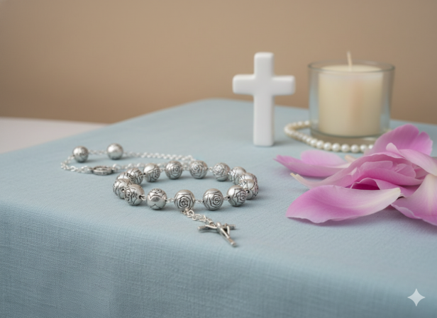 Różaniec włoski z różą papieską – dziesiątka 8 mm, 16 cm