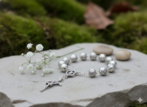 Różaniec włoski z różą papieską – dziesiątka 8 mm, 16 cm