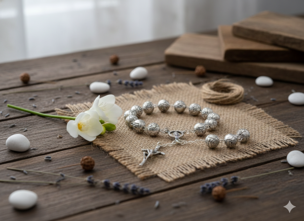 Różaniec włoski z różą papieską – dziesiątka 8 mm, 16 cm