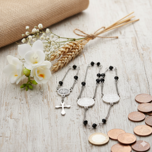 Różaniec naszyjnik – Święty Benedykt Stainless Steel