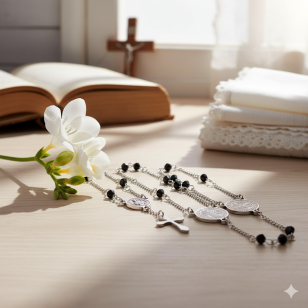 Różaniec naszyjnik – Święty Benedykt Stainless Steel