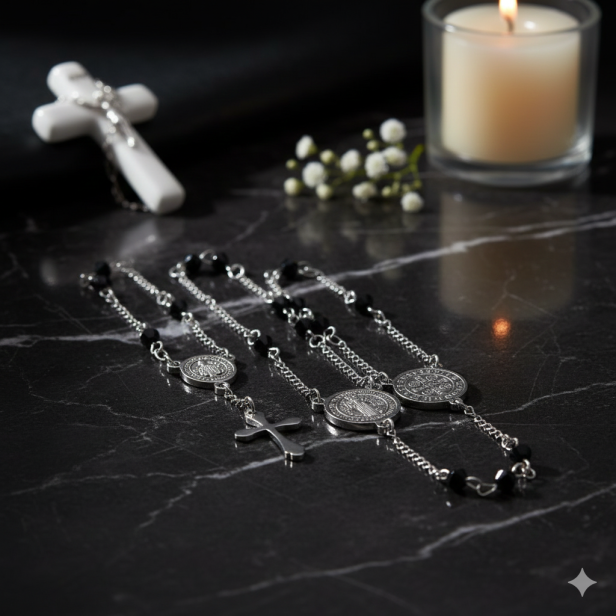 Różaniec naszyjnik – Święty Benedykt Stainless Steel