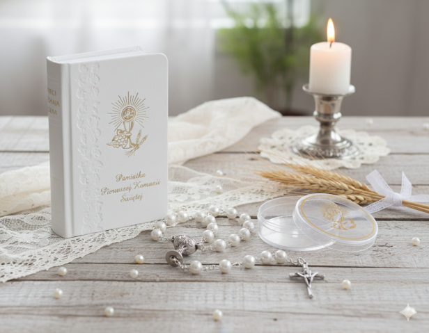 BOX Komunijny – modlitewnik i różaniec „Biała Perełka” w pudełeczku z personalizacją