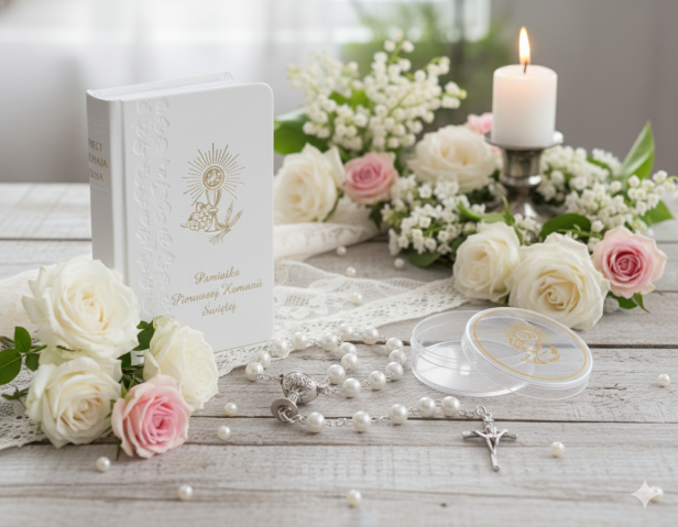 BOX Komunijny – modlitewnik i różaniec „Biała Perełka” w pudełeczku z personalizacją