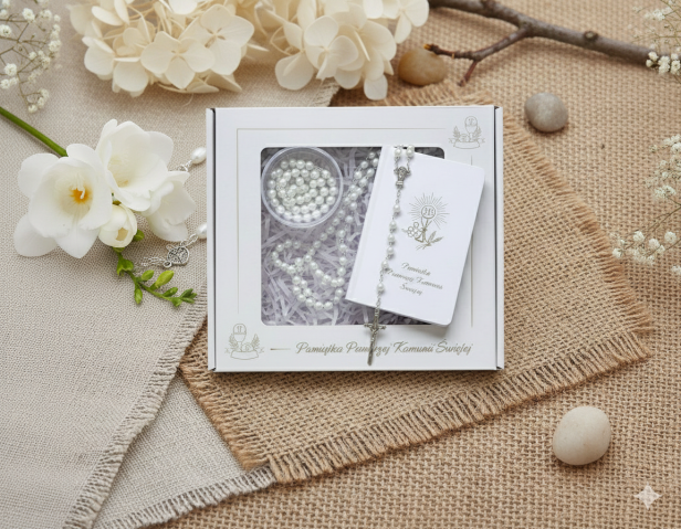 BOX Komunijny – modlitewnik i różaniec „Biała Perełka” w pudełeczku z personalizacją