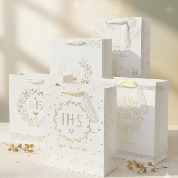 Torebka prezentowa A4 – Złota Kolekcja Aurora IHS, I Komunia Święta (26 × 32 cm)