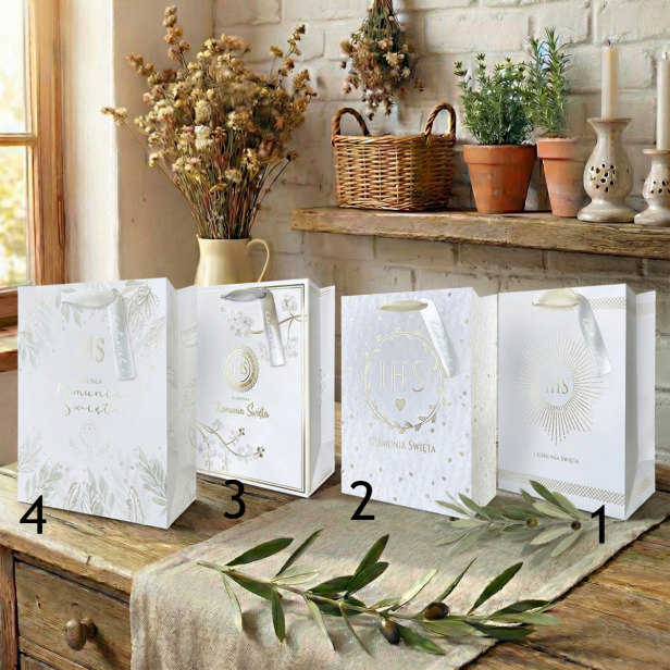 Torebka prezentowa A4 – Złota Kolekcja Aurora IHS, I Komunia Święta (26 × 32 cm)