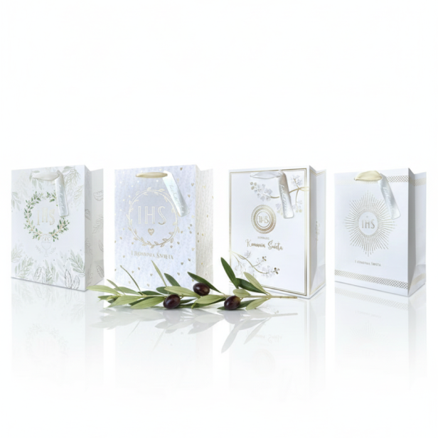 Torebka prezentowa A4 – Złota Kolekcja Aurora IHS, I Komunia Święta (26 × 32 cm)