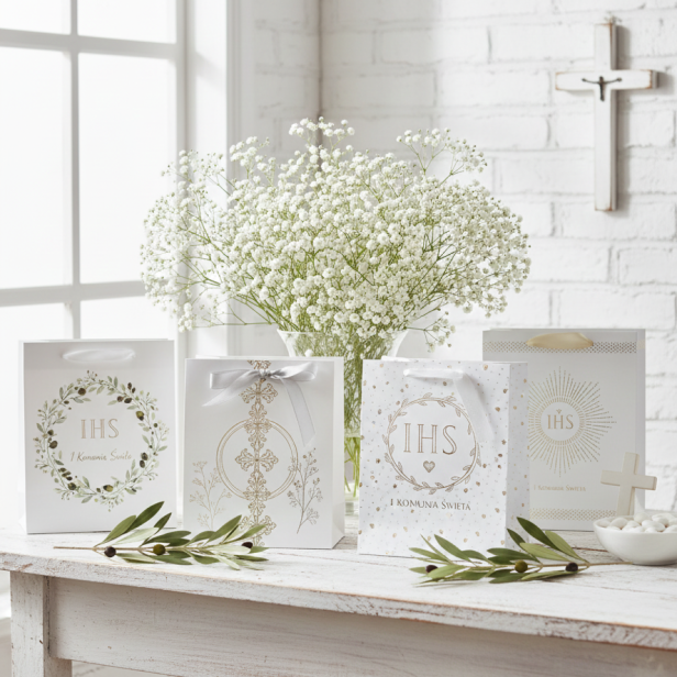 Torebka prezentowa A5 – Złota Kolekcja Aurora IHS, I Komunia Święta (23 × 18 cm)