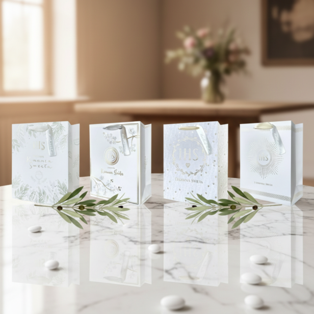 Torebka prezentowa A5 – Złota Kolekcja Aurora IHS, I Komunia Święta (23 × 18 cm)