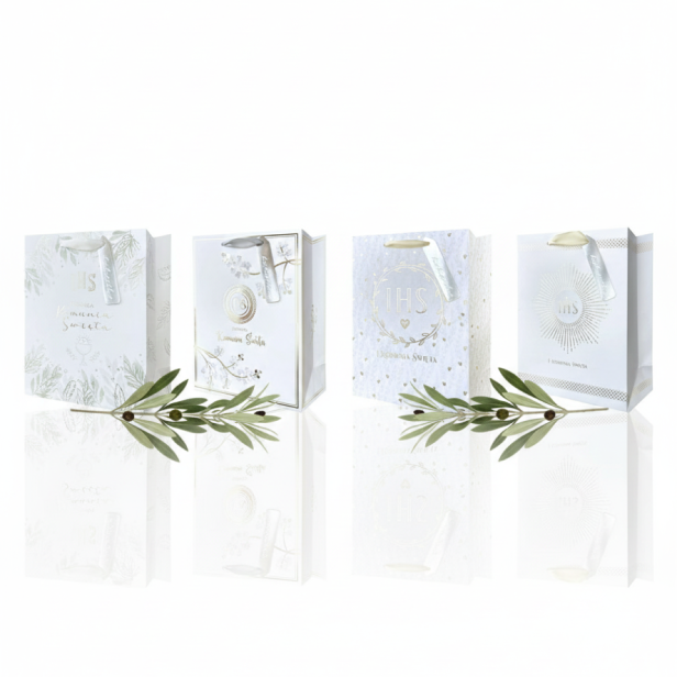 Torebka prezentowa A5 – Złota Kolekcja Aurora IHS, I Komunia Święta (23 × 18 cm)