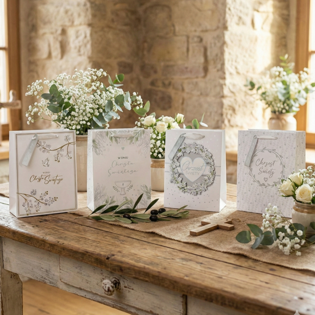 Torebka prezentowa A4 – Chrzest Święty w anielskiej bieli (32 × 26 cm)