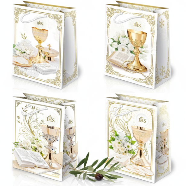 Torebka prezentowa A4 – Kolekcja Złoty Kielich IHS, I Komunia Święta (22 × 31 cm)