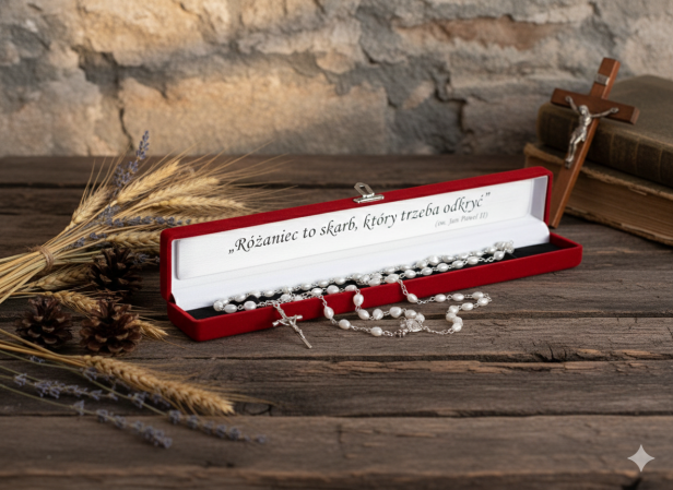 Zestaw PREMIUM – Różaniec Serduszka IHS 6 mm + ozdobne pudełko z grawerem