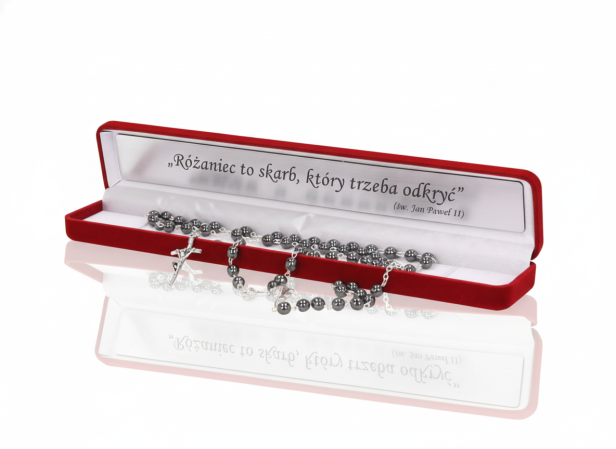 Zestaw PREMIUM – Różaniec Hematyt IHS 6 mm + ozdobne pudełko z grawerem