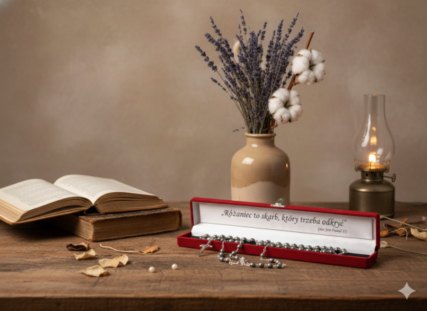 Zestaw PREMIUM – Różaniec Hematyt IHS 6 mm + ozdobne pudełko z grawerem