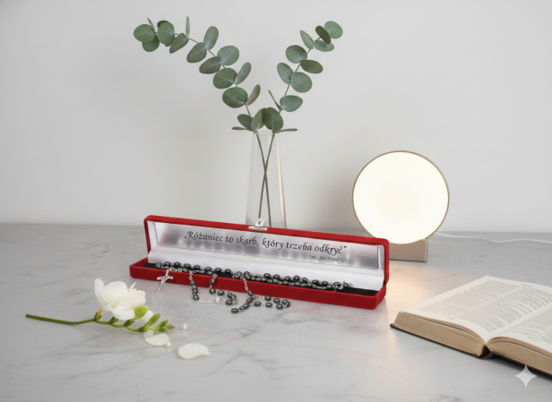 Zestaw PREMIUM – Różaniec Hematyt IHS 6 mm + ozdobne pudełko z grawerem