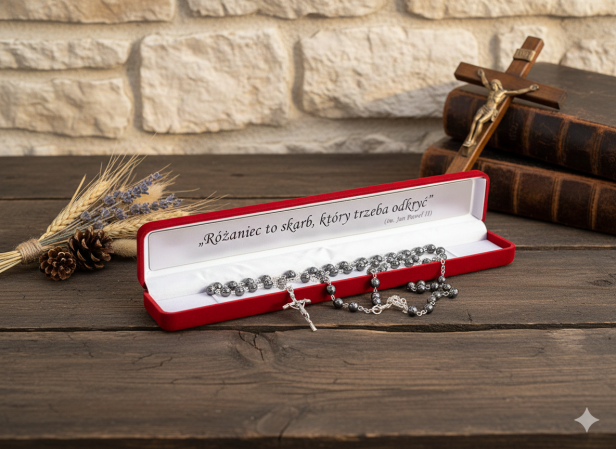 Zestaw PREMIUM – Różaniec Hematyt IHS 6 mm + ozdobne pudełko z grawerem