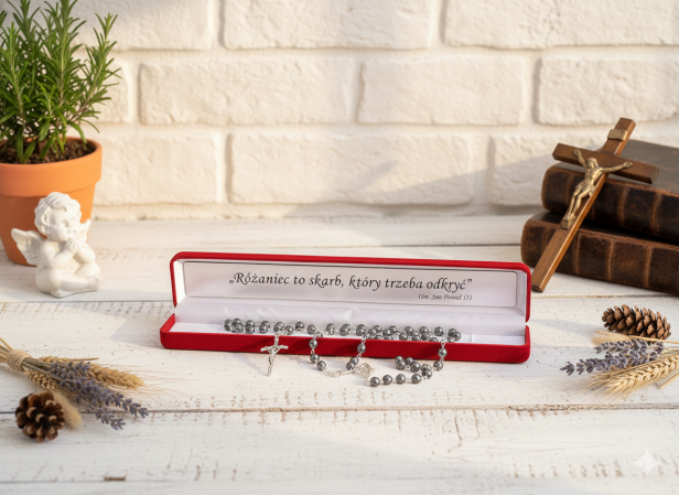 Zestaw PREMIUM – Różaniec Hematyt IHS 6 mm + ozdobne pudełko z grawerem
