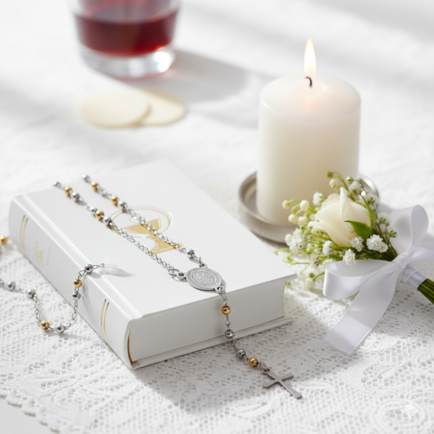 Różaniec w zestawie - Różaniec IHS w złotym pudełku z imieniem – św. Benedykt • Komunia Święta