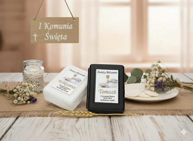 Rosarium™ – Pudełko na różaniec z nadrukiem komunijnym (białe, czarne)