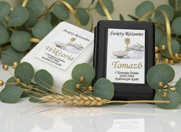 Rosarium™ – Pudełko na różaniec z nadrukiem komunijnym (białe, czarne)