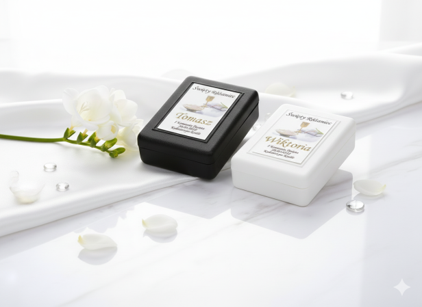 Rosarium™ – Pudełko na różaniec z nadrukiem komunijnym (białe, czarne)