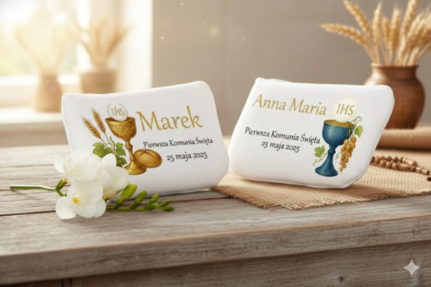 Rosarium™ – Etui na różaniec białe na zamek z EKO skórki (Komunia, personalizacja imienia)