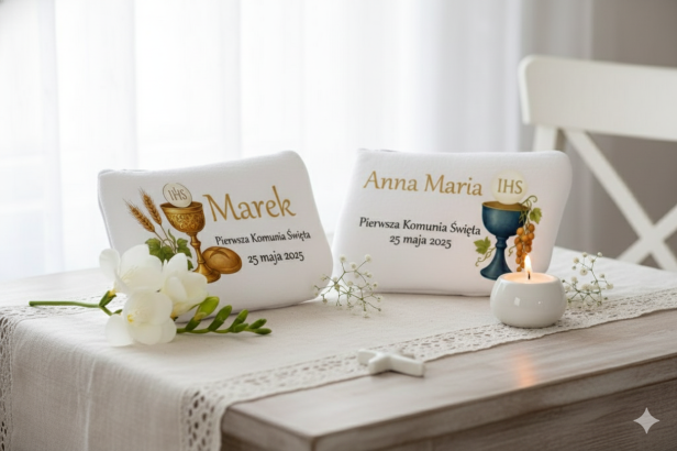 Rosarium™ – Etui na różaniec białe na zamek z EKO skórki (Komunia, personalizacja imienia)