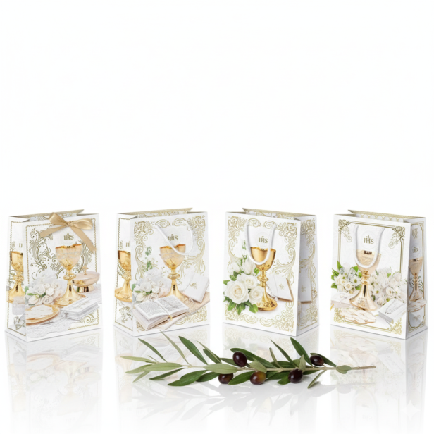 Torebka prezentowa XL – Złoty Kielich IHS, I Komunia Święta (30 × 36 cm)