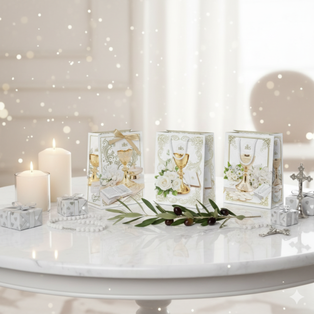 Torebka prezentowa XL – Złoty Kielich IHS, I Komunia Święta (30 × 36 cm)