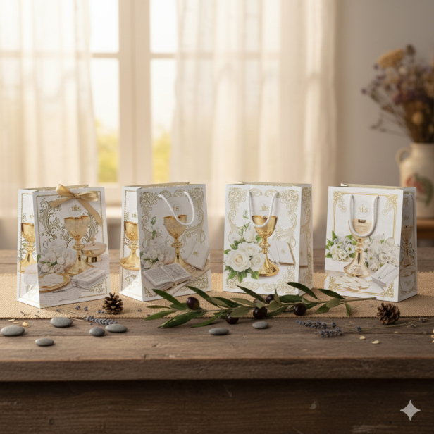 Torebka prezentowa XL – Złoty Kielich IHS, I Komunia Święta (30 × 36 cm)