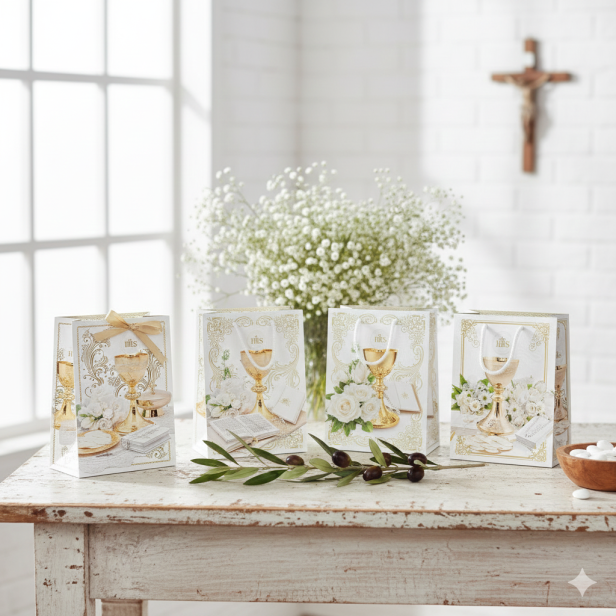 Torebka prezentowa XL – Złoty Kielich IHS, I Komunia Święta (30 × 36 cm)