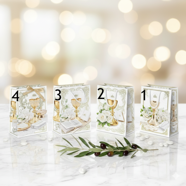 Torebka prezentowa XL – Złoty Kielich IHS, I Komunia Święta (30 × 36 cm)