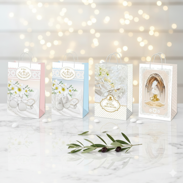 Torebka prezentowa A4 – Chrzest Święty Złote Akcenty (23 × 32 cm)