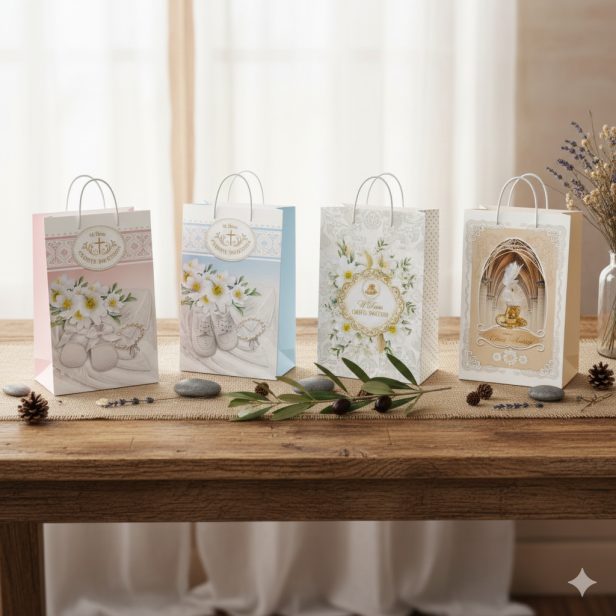 Torebka prezentowa A4 – Chrzest Święty Złote Akcenty (23 × 32 cm)