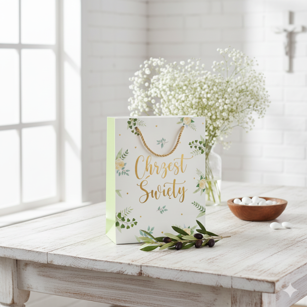 Torebka prezentowa A5 – Chrzest Święty EUKALIPTUS (16 × 23 cm)