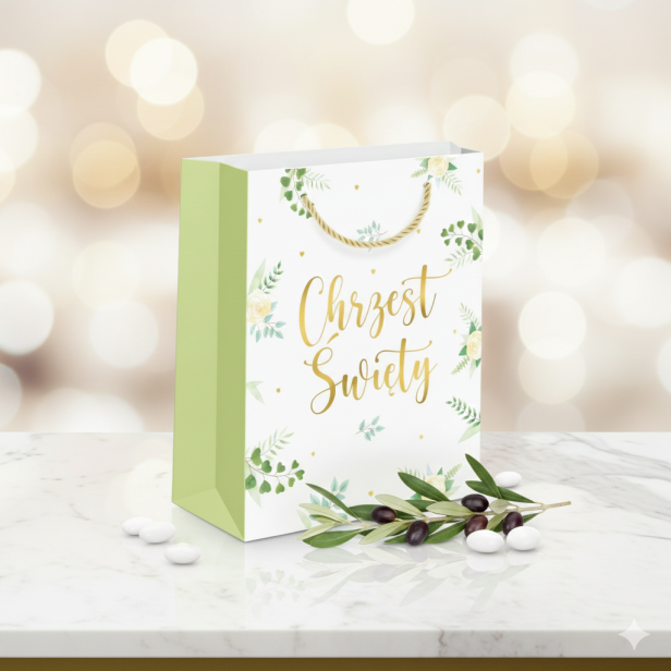 Torebka prezentowa A5 – Chrzest Święty EUKALIPTUS (16 × 23 cm)
