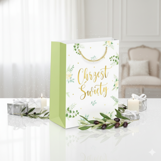 Torebka prezentowa A4 – Chrzest Święty EUKALIPTUS (22 × 31 cm)