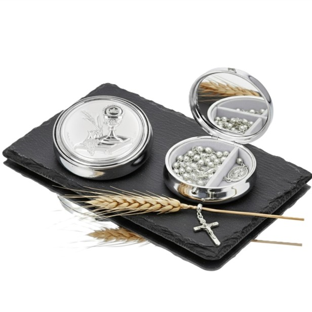 Różaniec w metalowym pudełku z obrazkiem srebrnym HOSTIA IHS – Pamiątka I Komunii Świętej | Linia MEMORIA SILVER™