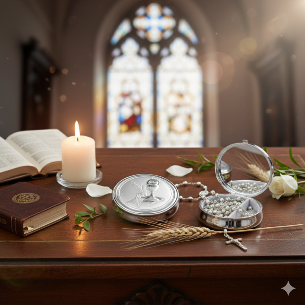aranżacja Różaniec w metalowym pudełku z obrazkiem srebrnym HOSTIA IHS – Pamiątka I Komunii Świętej | Linia MEMORIA SILVER™