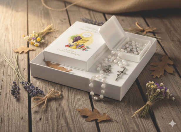 elementy zestawu - Zestaw komunijny BIEL – książeczka i różaniec w pudełeczku z imieniem | Pamiątka I Komunii Świętej