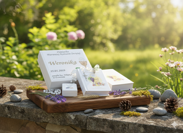 Zestaw komunijny BIEL – książeczka i różaniec w pudełeczku z imieniem | Pamiątka I Komunii Świętej