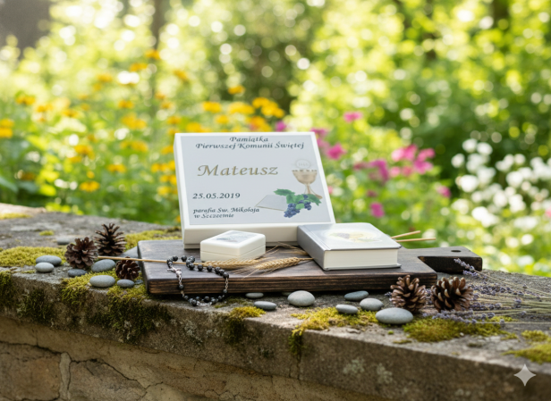 Zestaw komunijny PLATYNA – książeczka i różaniec w pudełeczku z imieniem | Pamiątka I Komunii Świętej