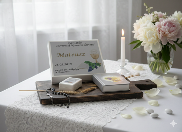 Zestaw komunijny PLATYNA – książeczka i różaniec w pudełeczku z imieniem | Pamiątka I Komunii Świętej