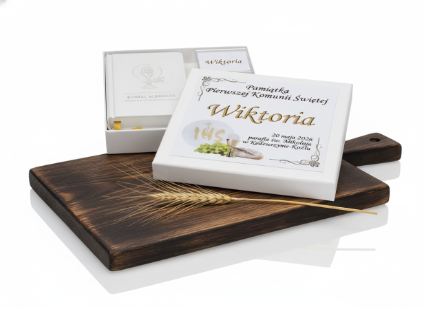 Zestaw komunijny GOLD – książeczka i różaniec w pudełeczku z imieniem | Pamiątka I Komunii Świętej